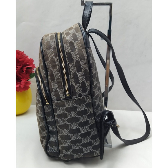 Michael Kors Brown Canvas Leather Trim MK Printed Top Zipper Closure Backpack - Picture 3 of 16